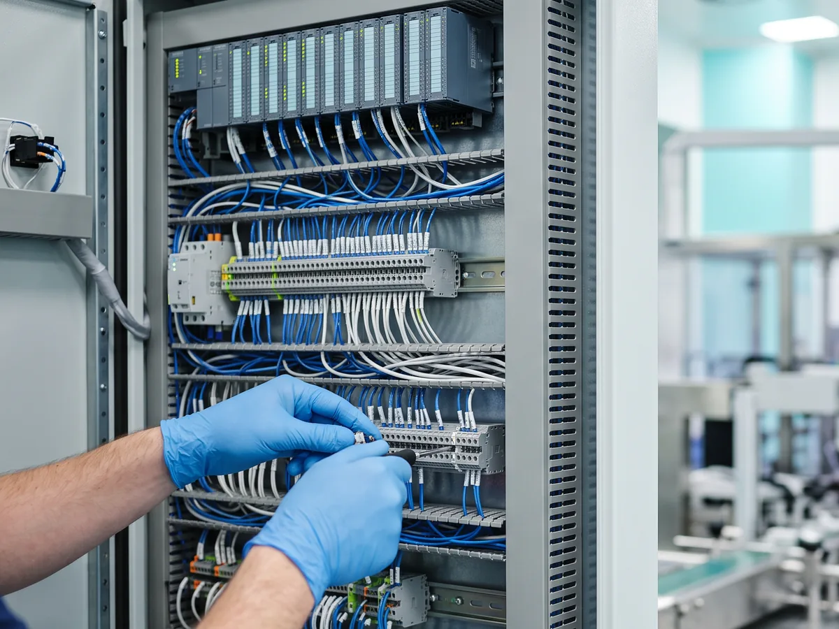 Automation engineer wiring a PLC control cabinet for an automated medical device production machine