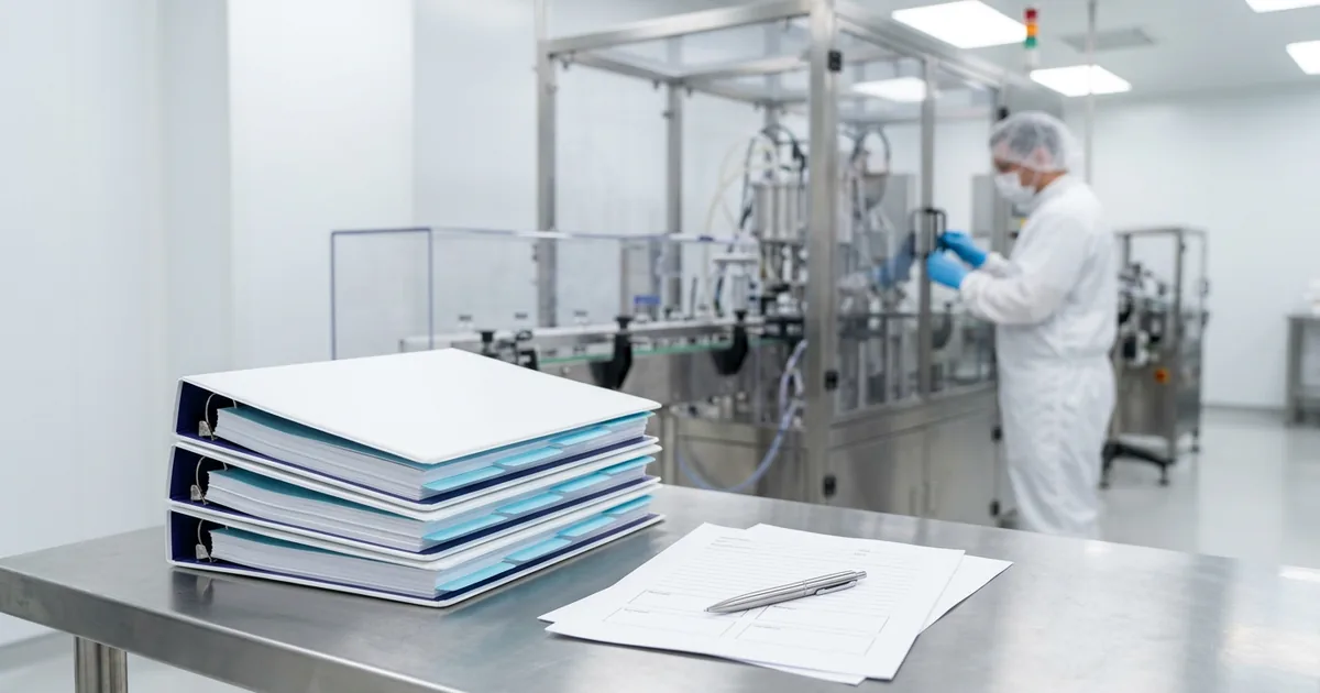Validation binders and a protocol document beside an automated filling line in a cleanroom, the GAMP documentation a CDMO must hold for both client and FDA audits
