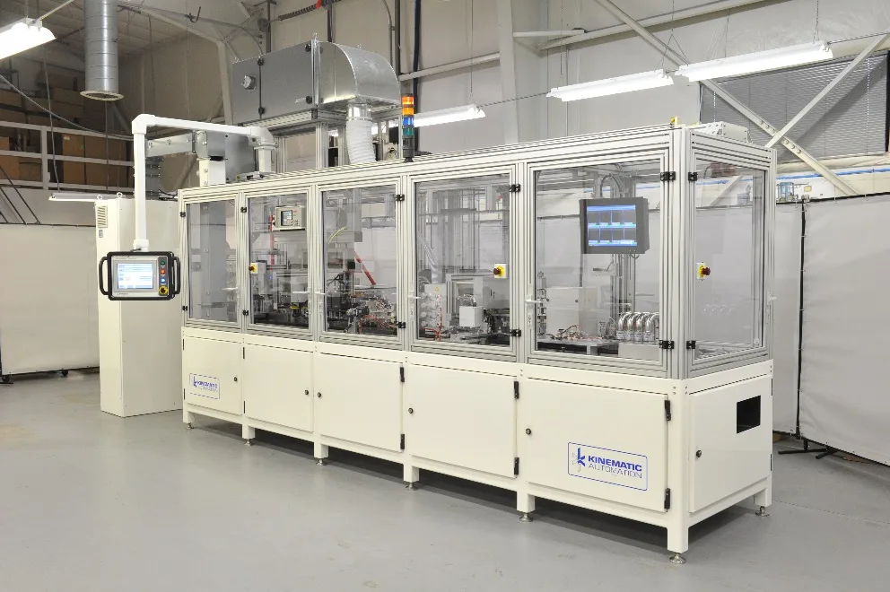 80 PPM assembly machine at the vendor's facility before shipment, five guarded stations with twin operator HMIs