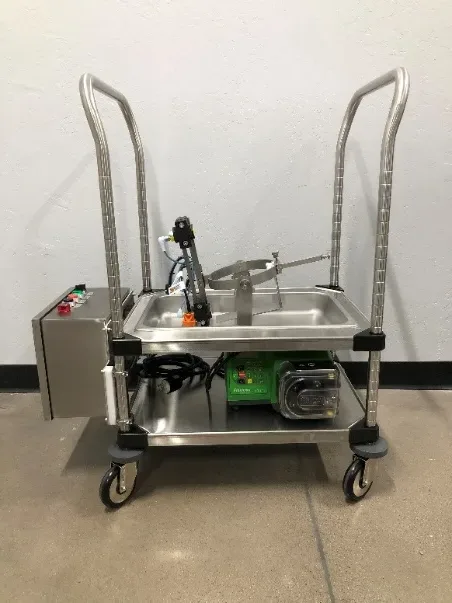 Mobile pump cart with stainless basin, level-sense float and peristaltic pump for constant head pressure